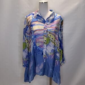 Ali Miles Blouse Womens Large Multicolor Floral Sheer Tunic 3/4 Sleeve Top